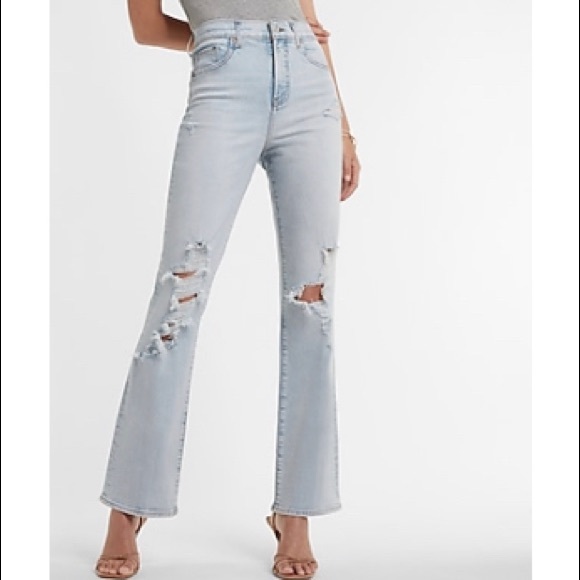 Express Denim - Express Super High Waisted Ripped 90’s Bootcut Jeans Light Wash SZ 14 Long #048